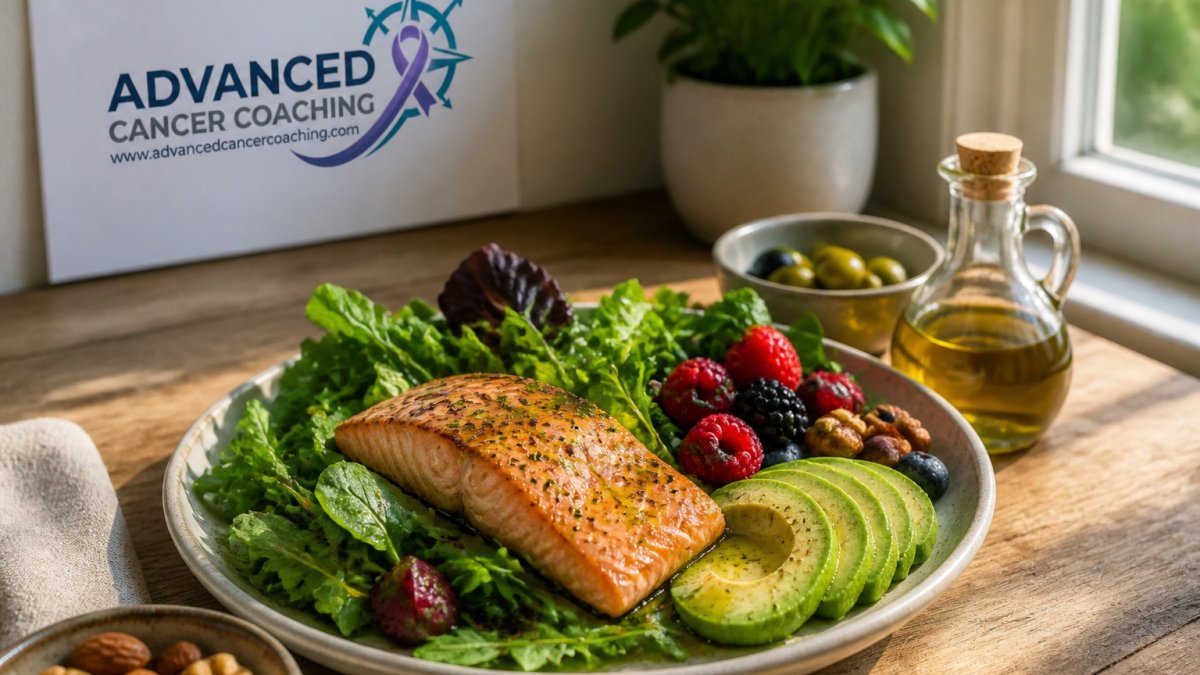 Colorful plate with fresh salmon fillet, mixed leafy greens, berries, olive oil drizzle, and sliced avocado arranged on wooden surface with natural sunlight
