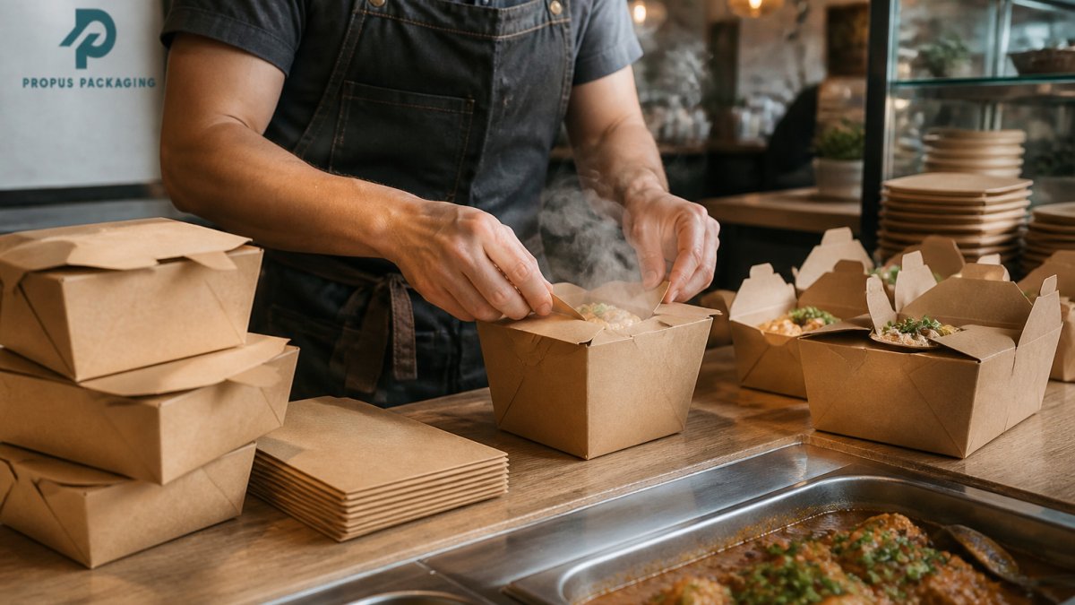 Worker in an apron packing hot food into durable kraft paper containers at a busy cafe counter