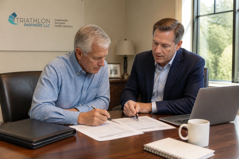 Financial advisor reviewing business sale taxes with an owner using a 7-step pre-sale planning infographic