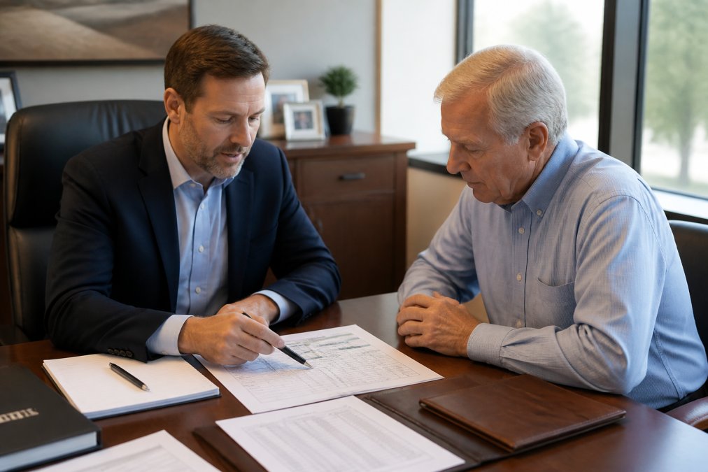 A financial advisor in a professional office reviewing a tax projection worksheet with a client aged around 60, both seated at a desk with documents spread out under natural window lighting