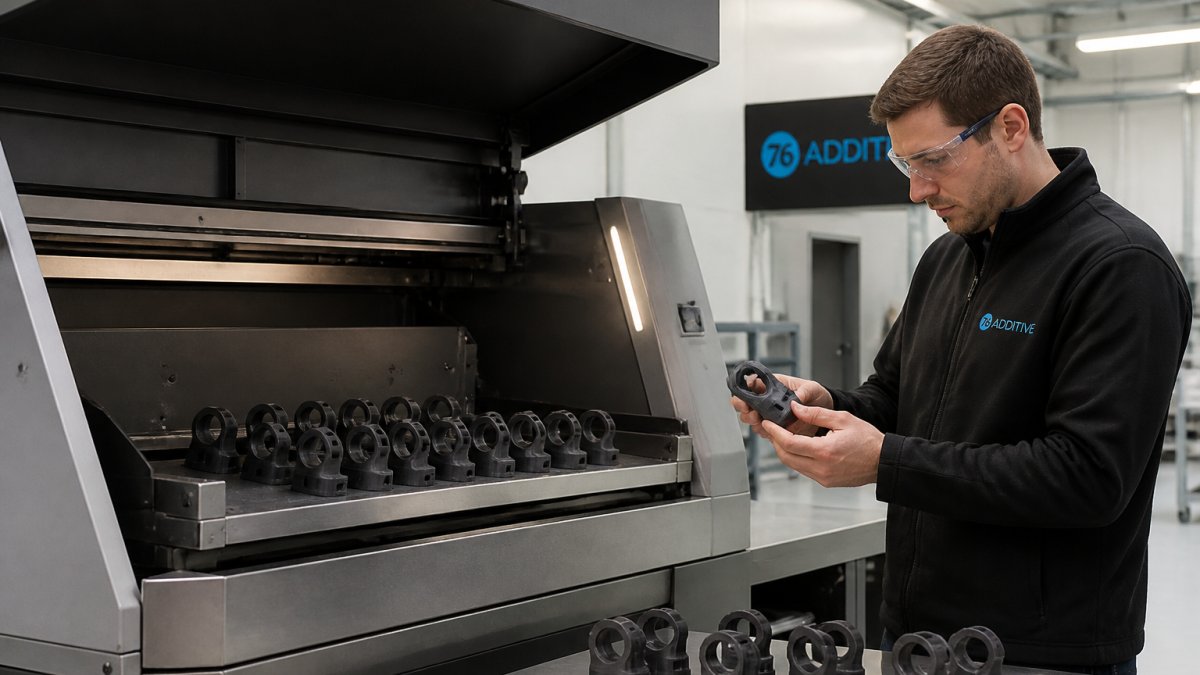 Operator inspecting 3D printed parts to help reduce tooling costs during small batch manufacturing