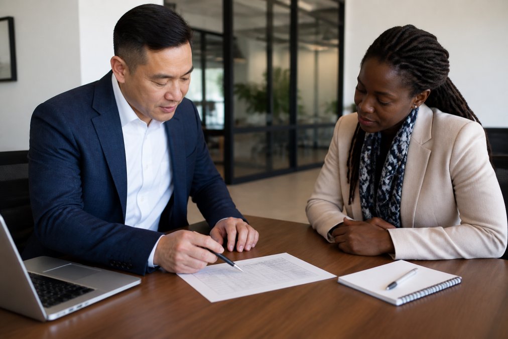 Hiring manager and candidate reviewing a structured interview scorecard to mitigate unconscious bias in hiring