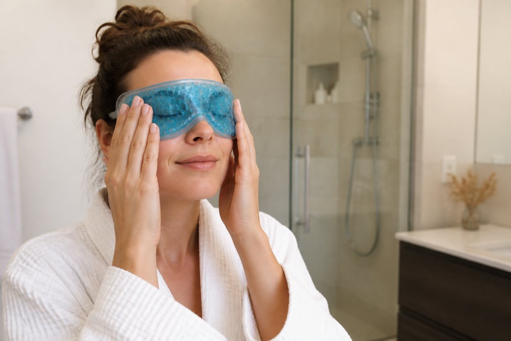 A woman in her 30s with her eyes closed, gently pressing a cool gel eye mask against her face while relaxing in a bright, clean bathroom