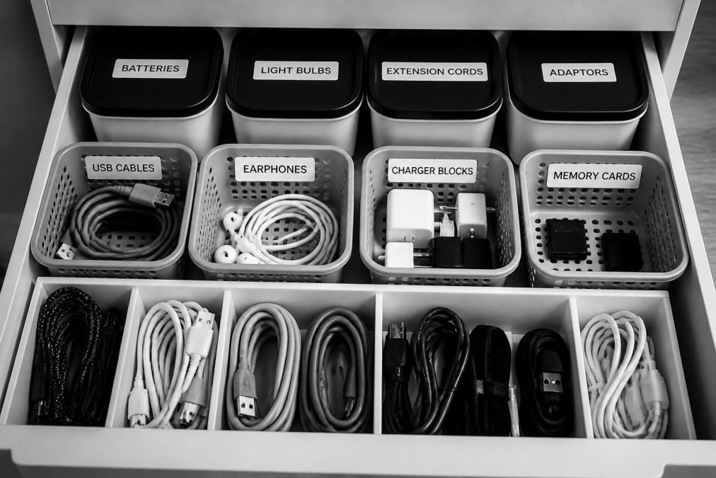 Diagram of organized drawers with high-contrast labels to reduce visual clutter and categorize household items.