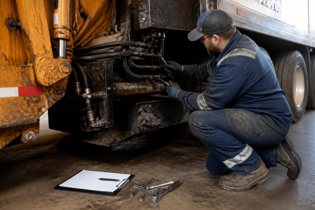 A diesel technician in work clothes inspecting the hydraulic system of a refuse truck inside a maintenance bay, with a clipboard and tools nearby