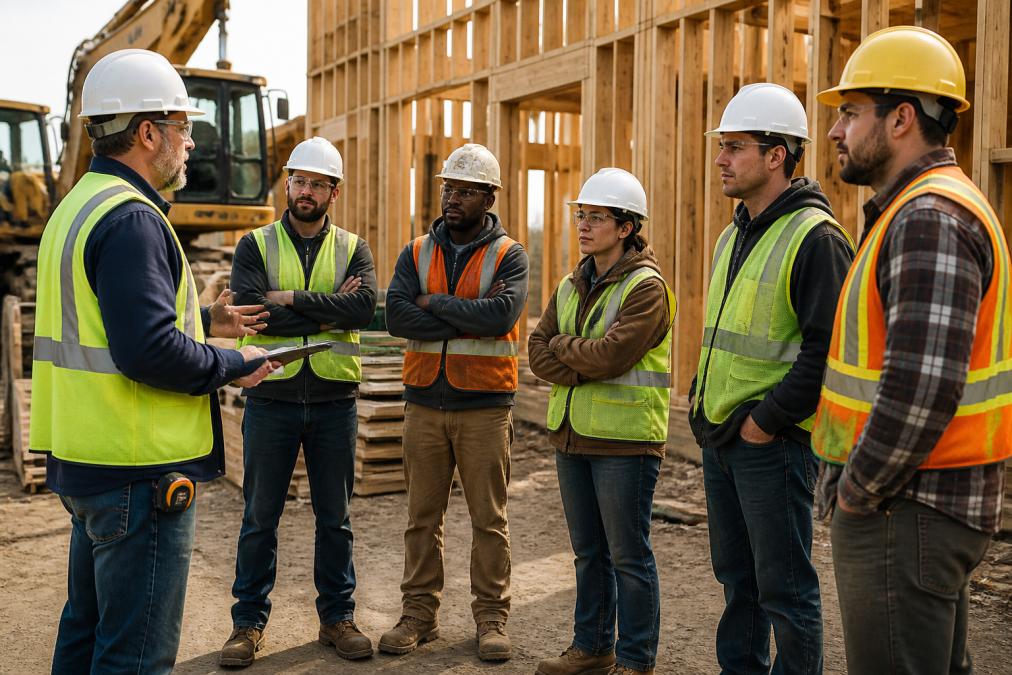 A construction site supervisor in a hard hat and safety vest leading a morning toolbox talk with a small crew of workers standing in a semicircle near framing and equipment