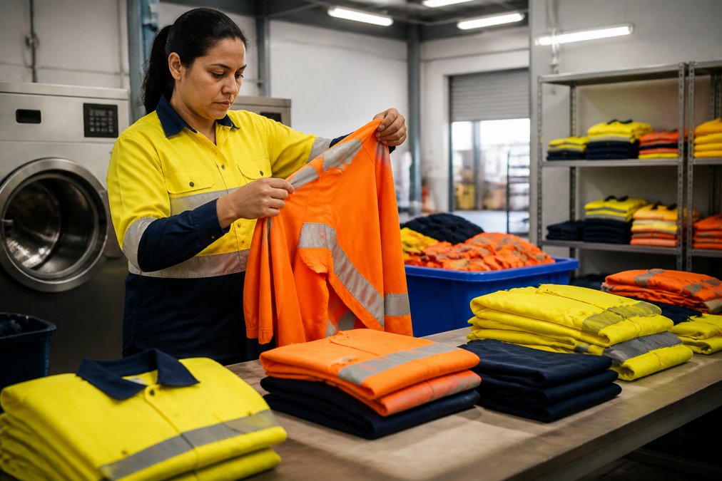 Industrial laundry worker carefully handling high-visibility workwear, inspecting reflective tape under bright fluorescent lighting while sorting garments by colour and fabric type