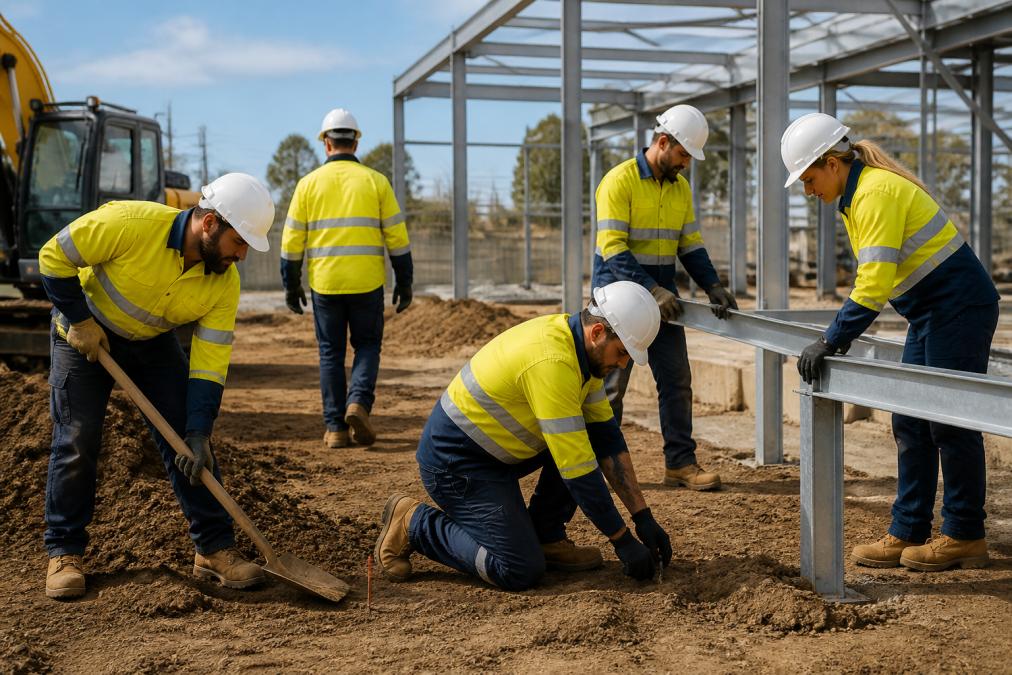 Construction crew of five workers wearing professional high-visibility workwear on an active job site, demonstrating durability and proper fit while performing various tasks under natural daylight
