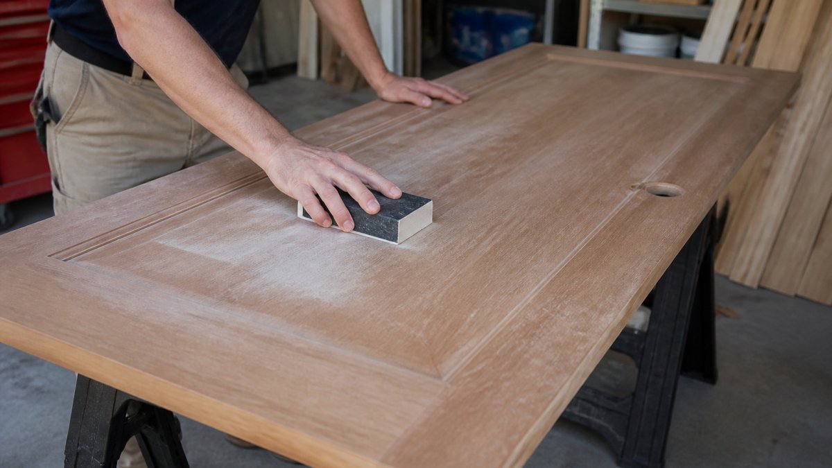 Close-up of a person hand-sanding the flat face of a wood veneer interior door with a sanding block, fine dust visible, door propped on sawhorses in a garage workshop with good lighting
