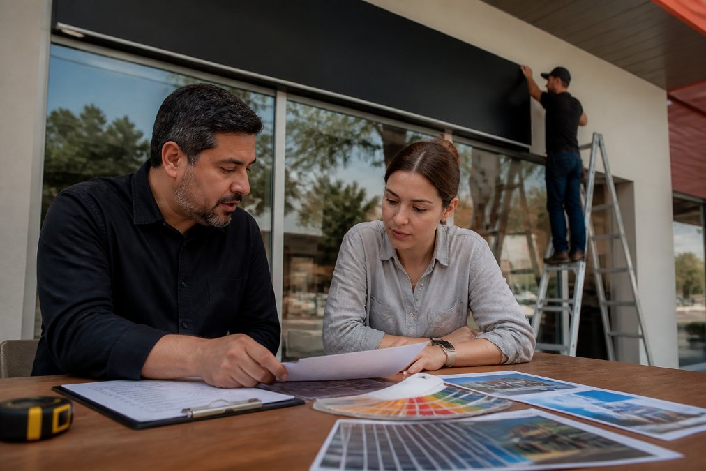 Consultant and owner reviewing a rebranding signage checklist process for how to refresh brand identity with signage