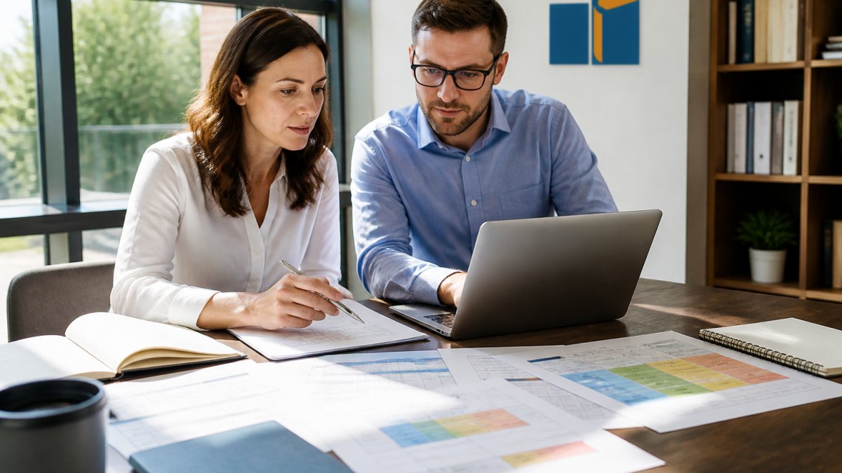 Professional instructional designer and faculty member collaborating at a modern desk, reviewing course assessments on a laptop screen with rubric documents spread across the workspace, natural office lighting streaming through windows