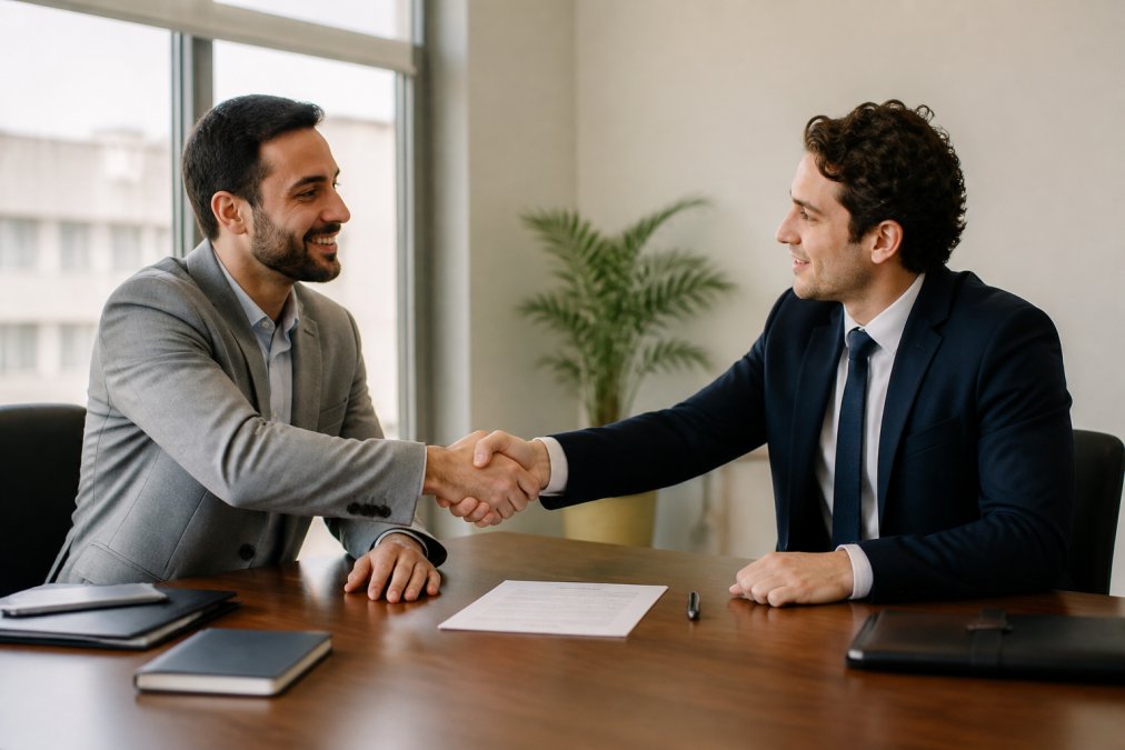 Two business partners shaking hands across a desk with a contract visible between them, representing a formal business agreement, professional office setting with natural lighting