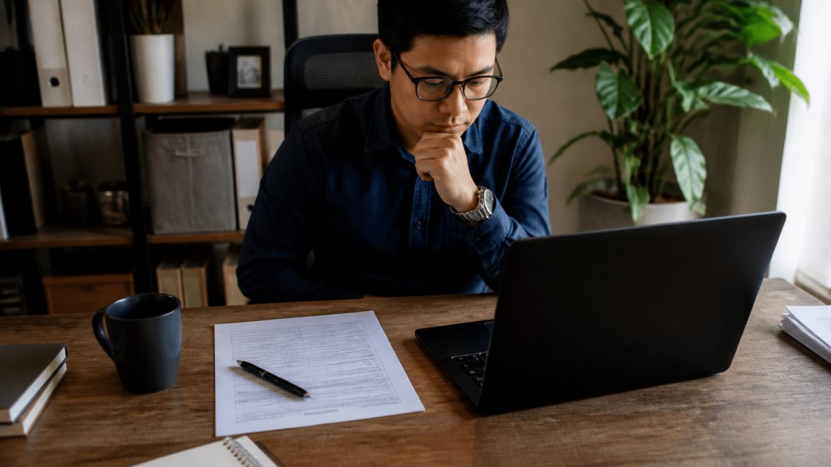 A business owner at a desk reviewing registration paperwork on a laptop, with a printed form and pen beside a coffee mug in a home office