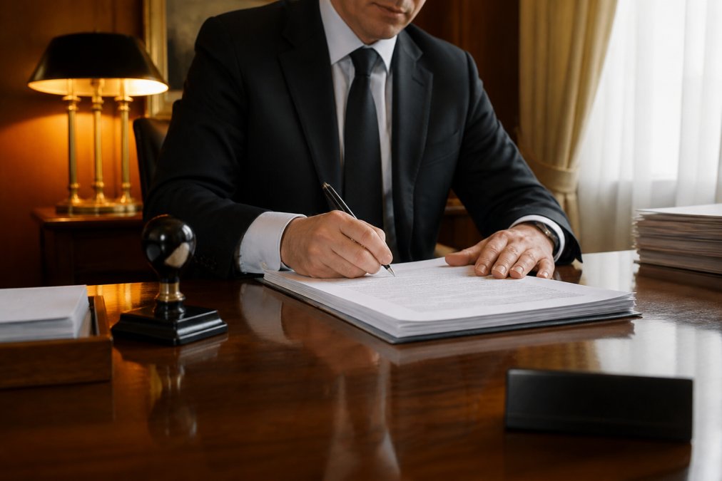 Business professional in a dark suit signing official documents at a notary's desk, pen in hand, stack of legal papers visible on a polished wooden desk in a formal German office setting with warm overhead lighting