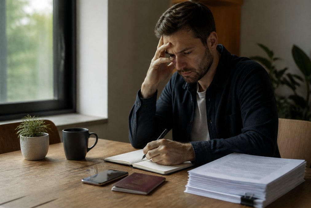 International entrepreneur working on a laptop with a smartphone and passport resting on a wooden desk, soft natural light from a nearby window, representing remote cross-border business setup