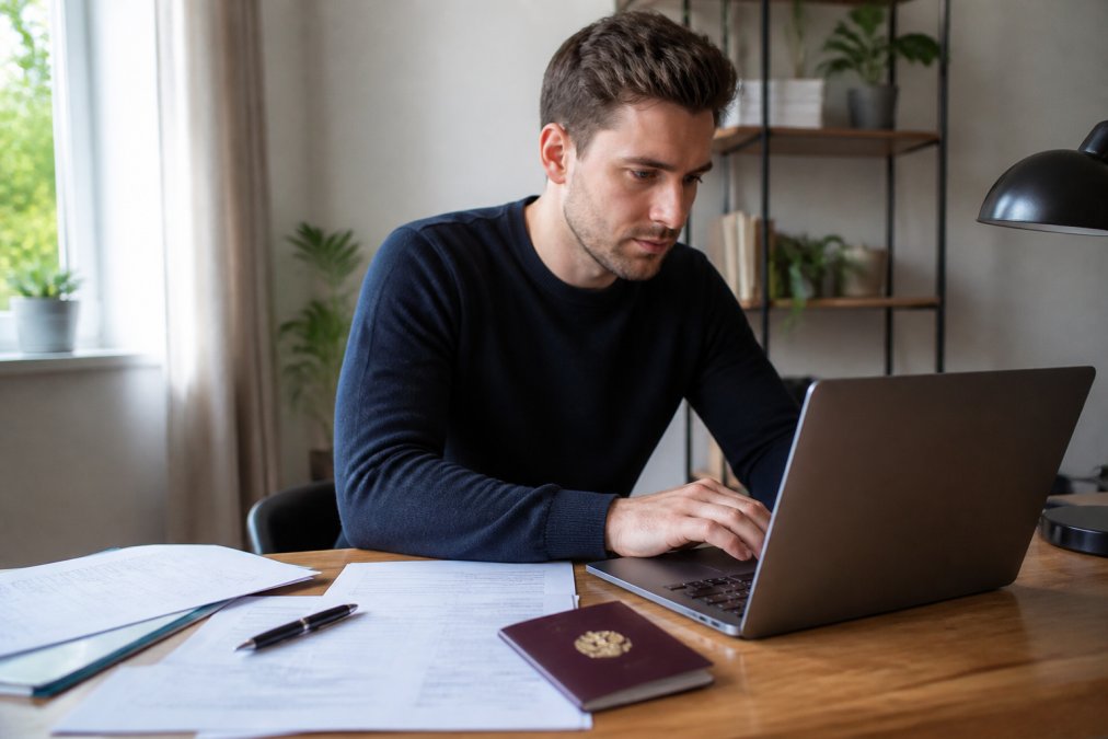 Person sitting at a home office desk, reviewing official documents and typing on a laptop, with a passport and pen visible on the desk, warm natural light from a window to the left