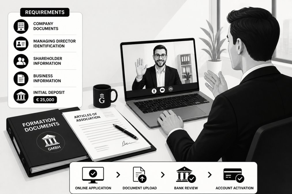 Business professional in a suit speaking on a video call on a laptop, with formation documents and a coffee cup on the table, bright modern office setting with soft daylight