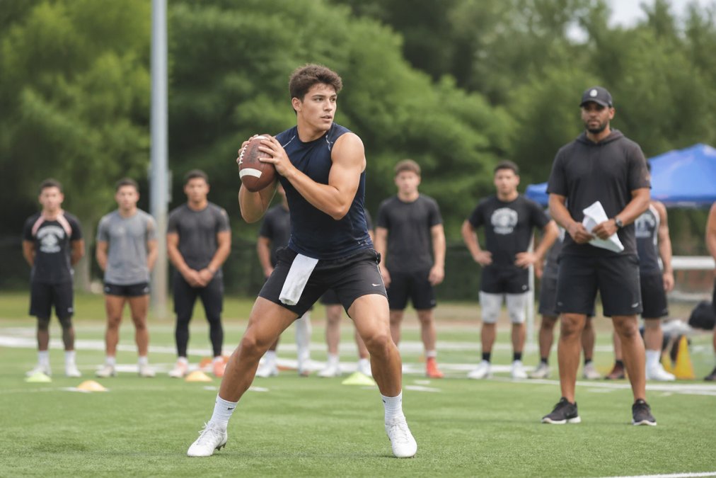 High school football player in uniform during competitive drill, demonstrating proper throwing mechanics with footwork precision on field during advanced training session