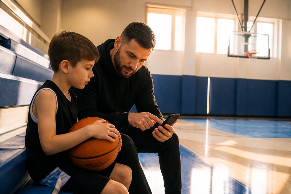 A parent and child sitting on bleachers in a community gym, child holding a basketball on their lap, parent pointing at a phone screen, warm afternoon light through high windows
