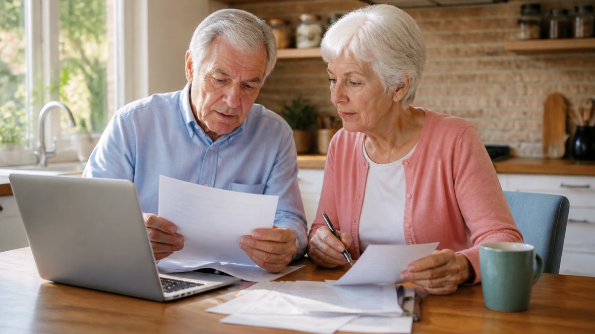 A senior couple sitting at a kitchen table with a laptop, reviewing Medicare documents and a paper checklist, warm natural light through the window