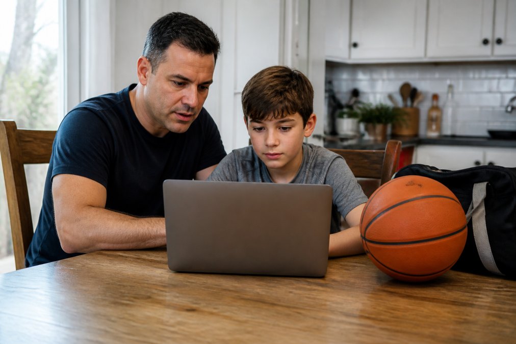 A parent and child sitting at a kitchen table with a laptop, reviewing a basketball registration portal together, with a basketball and gym bag nearby