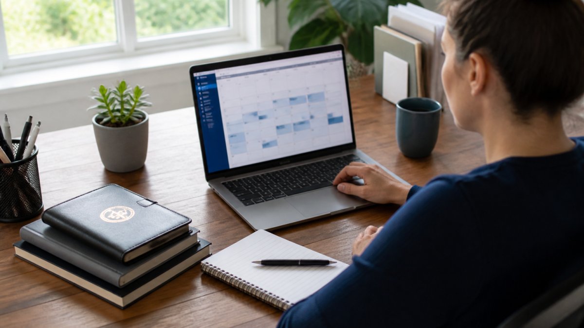 A person seated at a laptop in a home office, reviewing an online exam scheduling calendar with a notepad and pen nearby