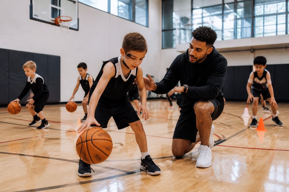 A young child in a basketball jersey dribbling a ball on an indoor court, with a coach kneeling and guiding them, while other kids practice drills in the background under bright gymnasium lights