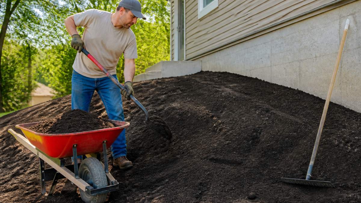A homeowner in work clothes using a shovel and wheelbarrow to spread topsoil across a sloped residential yard, with a house foundation visible in the background and a garden rake resting nearby