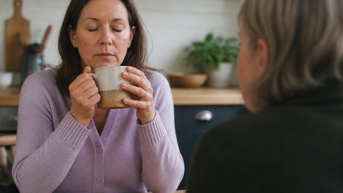 A person sitting at a kitchen table with hands wrapped around a warm mug, eyes closed, taking a slow breath during a tense conversation with another person sitting opposite