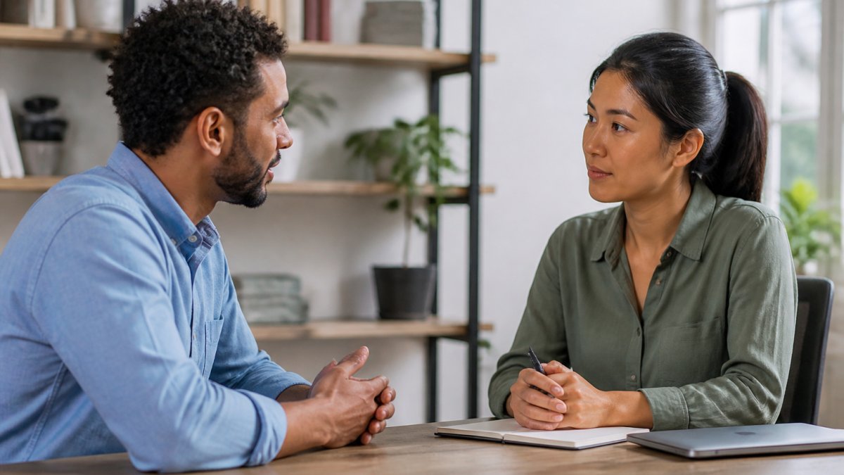 Two professionals sitting in a calm office as they regulate emotions during conflict through attentive listening.