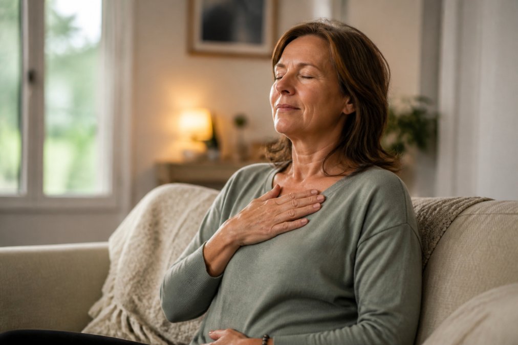 A woman in her late 40s sitting comfortably in a quiet, softly lit living room, eyes closed and one hand resting gently on her chest, appearing calm and grounded during a breathing exercise
