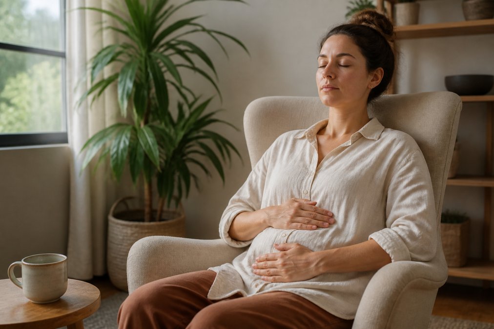 Person sitting in a chair with eyes closed and hand on belly to regulate nervous system through deep breathing
