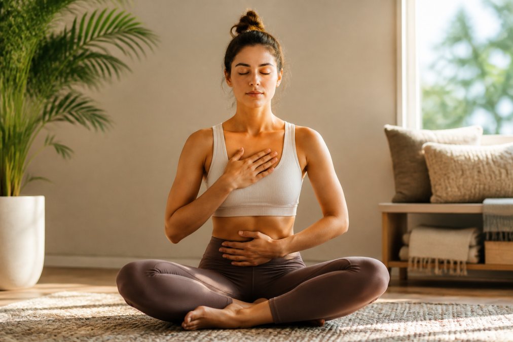 A calm person sitting cross-legged in a peaceful indoor space with soft natural lighting, hand on chest, eyes closed, practicing deep breathing