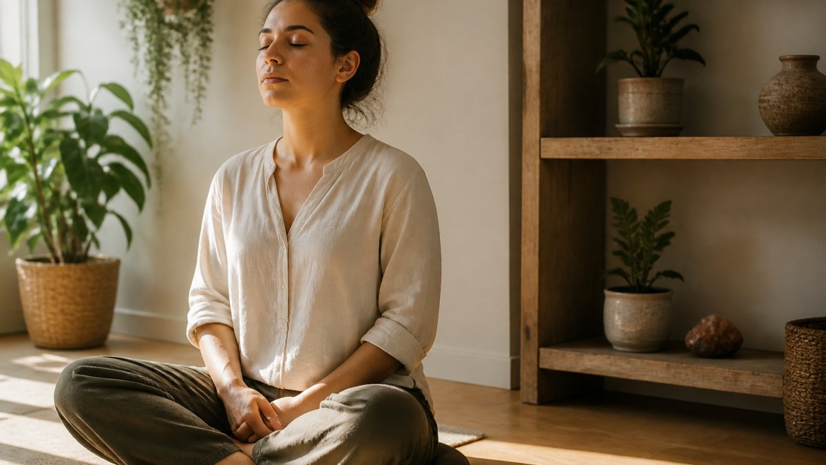 Person sitting peacefully in a sunlit room with soft natural lighting, practicing deep breathing with eyes closed and relaxed shoulders, hands resting gently on lap