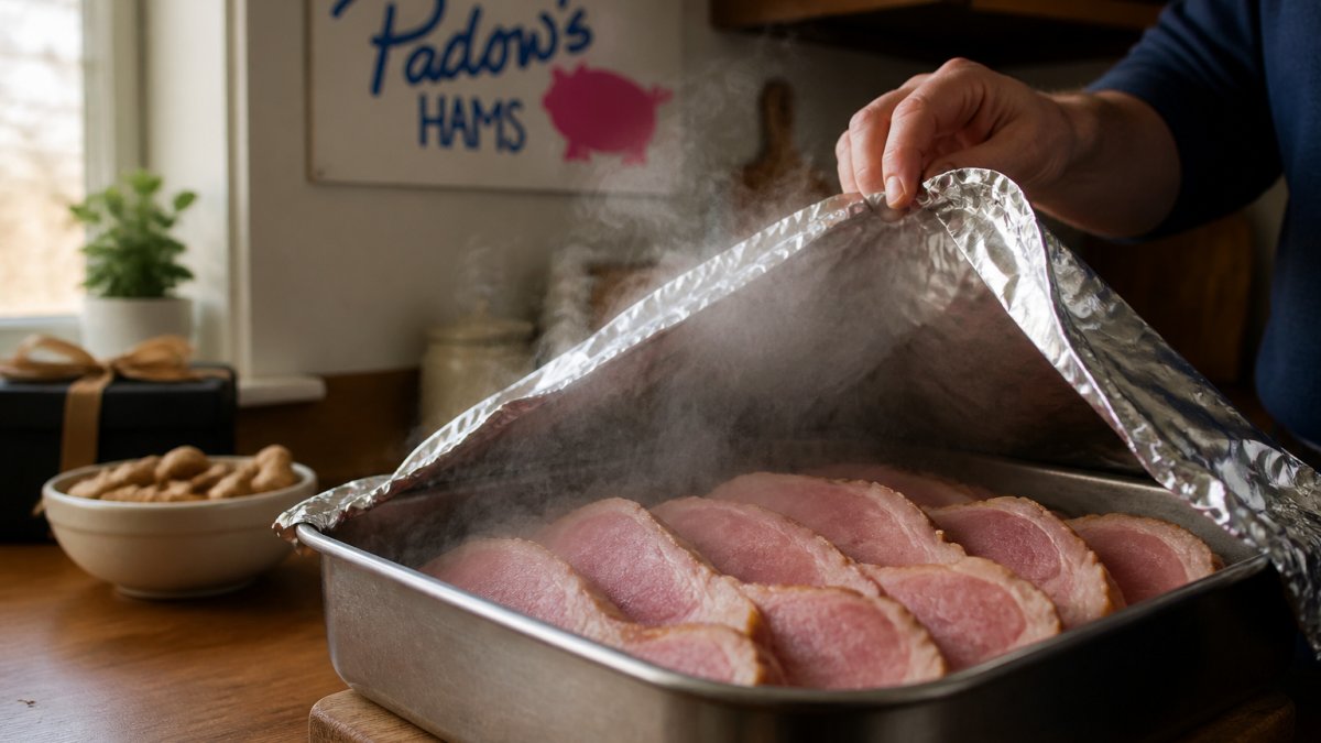 Sliced country ham in a roasting pan covered with aluminum foil, steam visible rising from the pan, showing moisture preservation technique in a kitchen setting