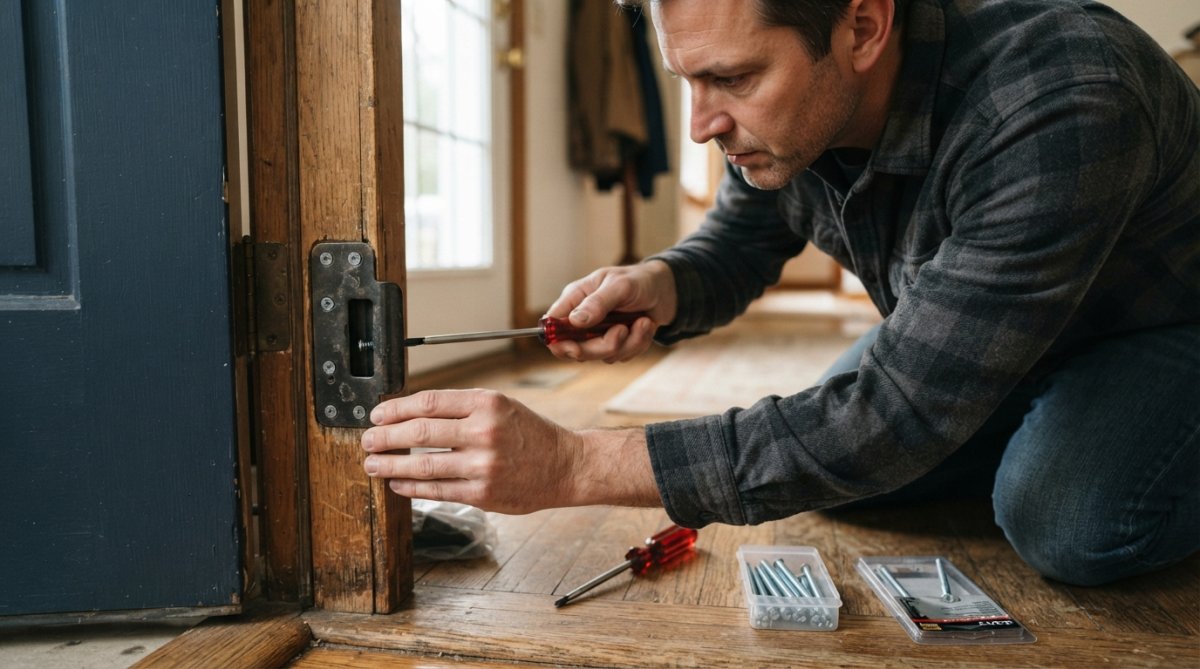 Close-up of a heavy-duty steel strike plate being installed on a wooden door frame, with a screwdriver and long security screws laid out on the wooden surface nearby, shot in natural daylight from a low angle