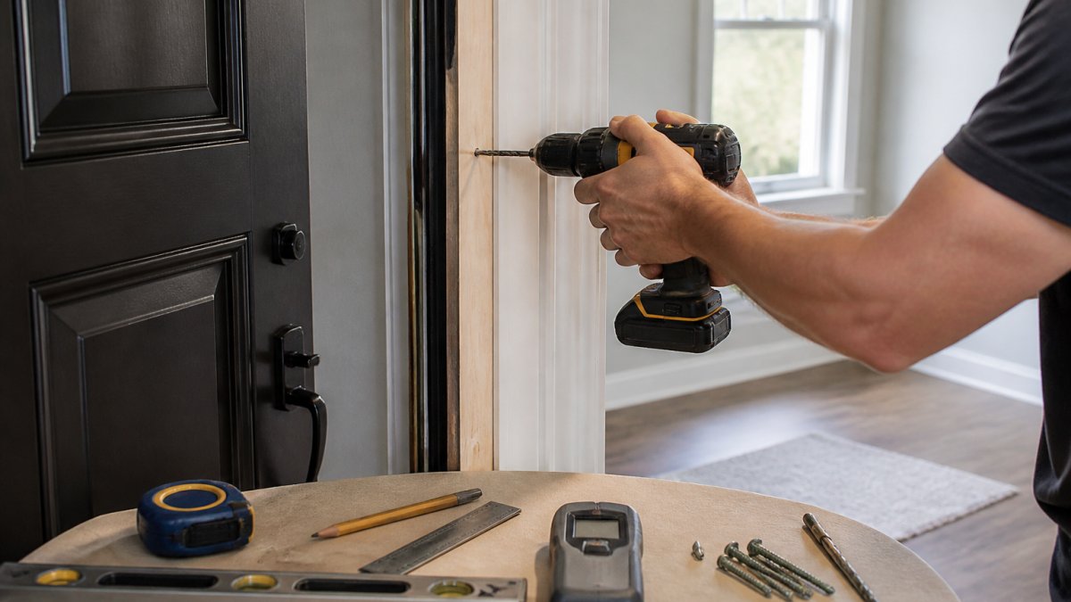 Homeowner's hands drilling pilot holes through door jamb into wall studs, using stud finder marks as guide, natural daylight from window