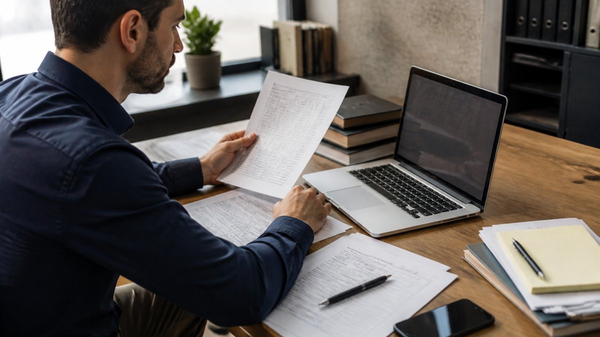 Business owner at a desk reviewing documents and checking online records on a computer screen, with paperwork and a phone nearby