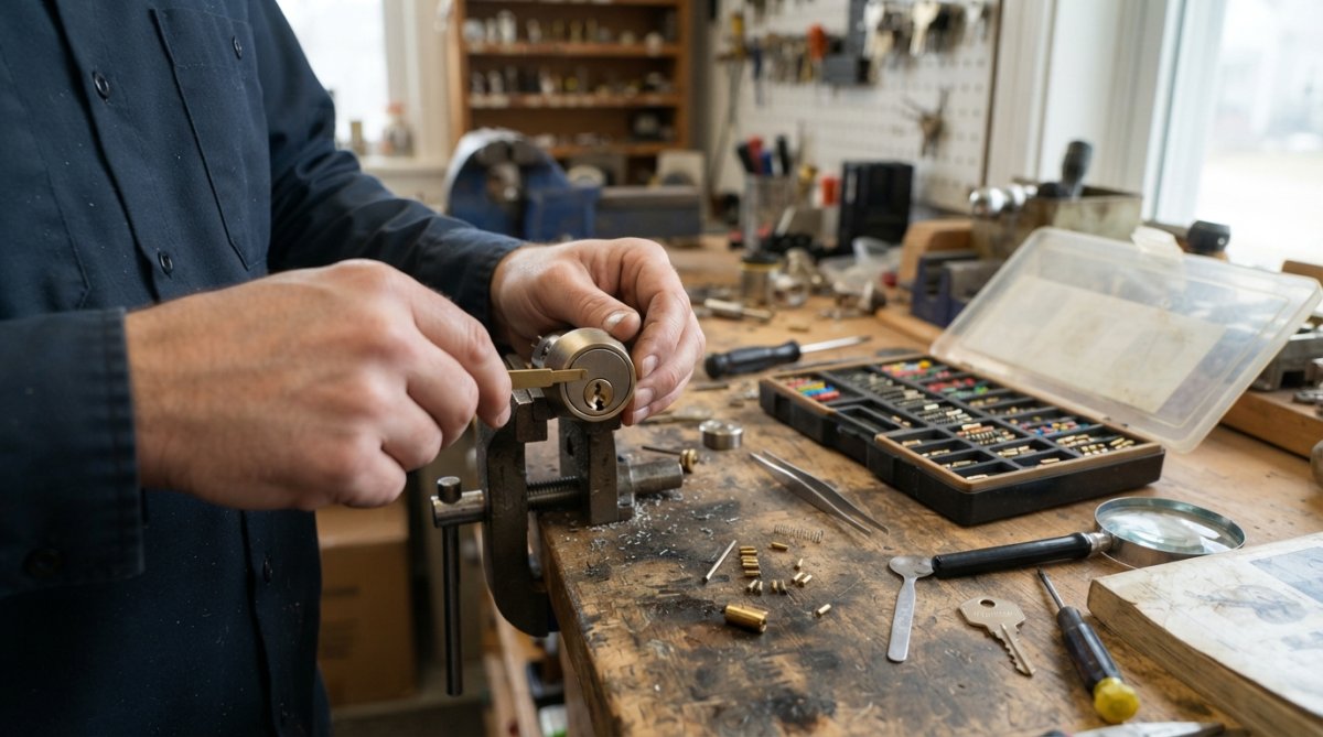 Hands using a follower tool to rekey apartment locks on a workbench with a pin kit nearby