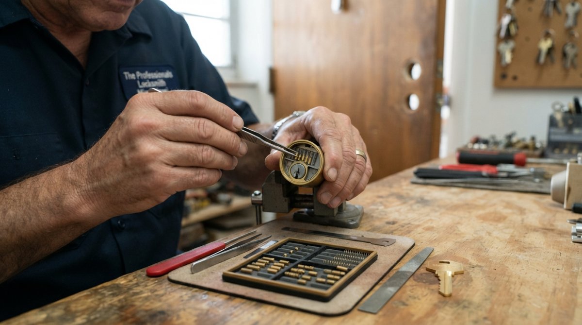 Professional locksmith's hands working on a door lock cylinder with rekeying tools, showing the internal pin tumbler mechanism and key blank laid out on a work surface with organized small parts