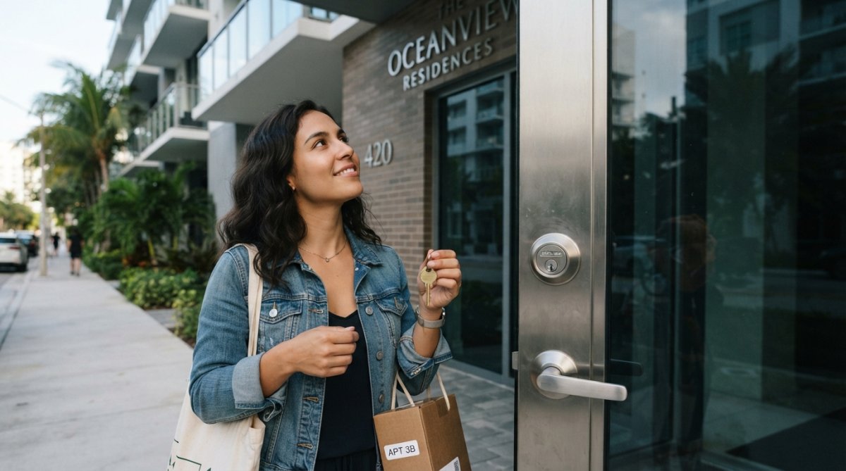 New condo resident holding a set of keys outside a modern apartment building entrance with a secure deadbolt visible on the polished metal door frame