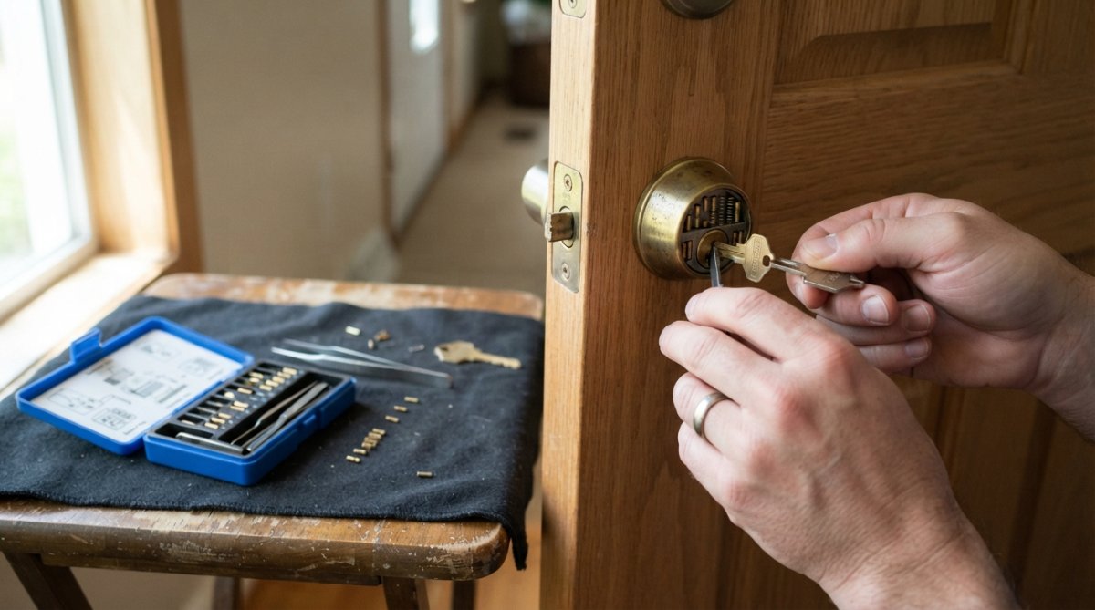 Close-up of hands using a plug follower tool to remove the cylinder from a residential deadbolt lock on a wooden door, with a small rekeying kit and pins laid out on a nearby table