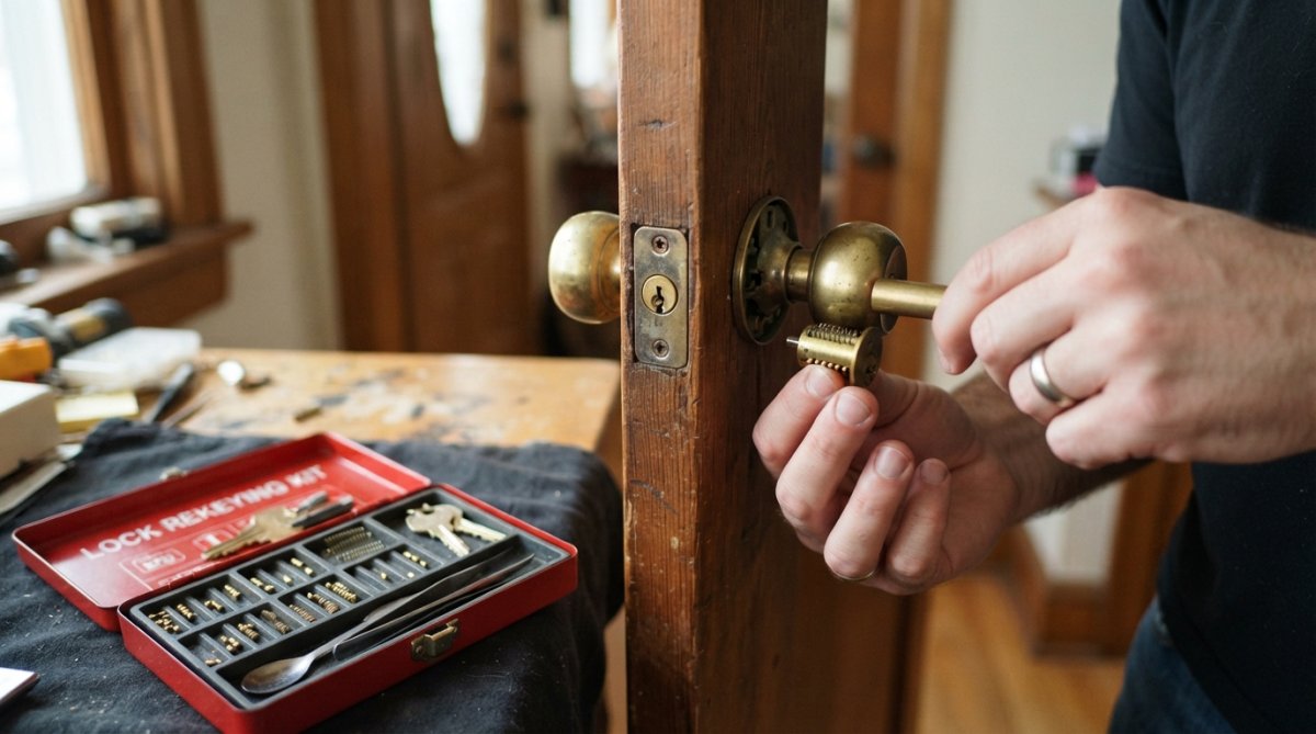 Step-by-step diagram showing how to rekey house locks by removing a cylinder plug with a follower tool