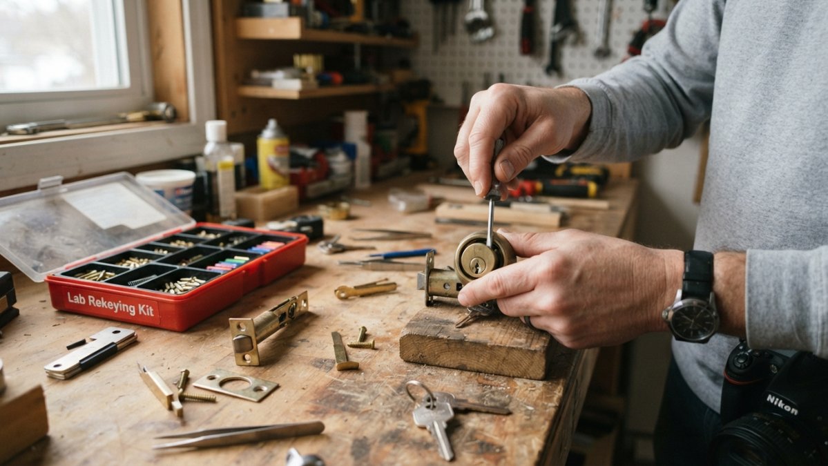 Close-up of homeowner's hands removing a lock cylinder from a deadbolt using a screwdriver, with key pins and rekeying kit parts visible on a workbench nearby