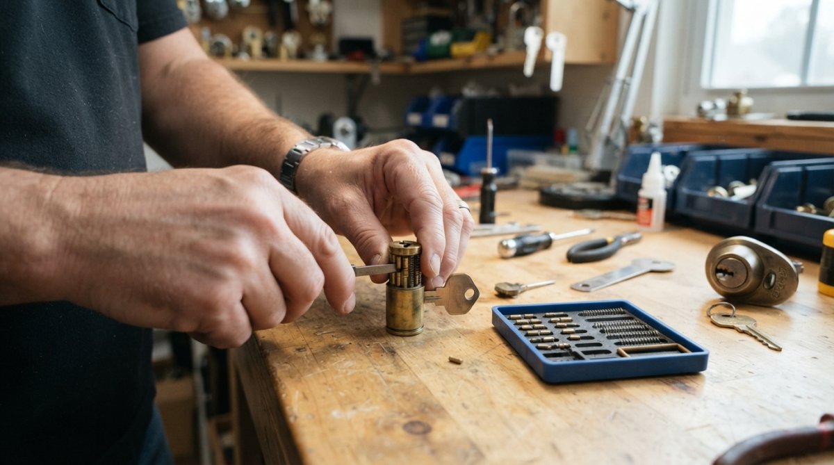 Close-up of a homeowner's hands using a metal follower tool to slide the plug out of a disassembled lock cylinder on a clean wooden workbench, with pins and springs arranged in a small magnetic parts tray under bright task lighting