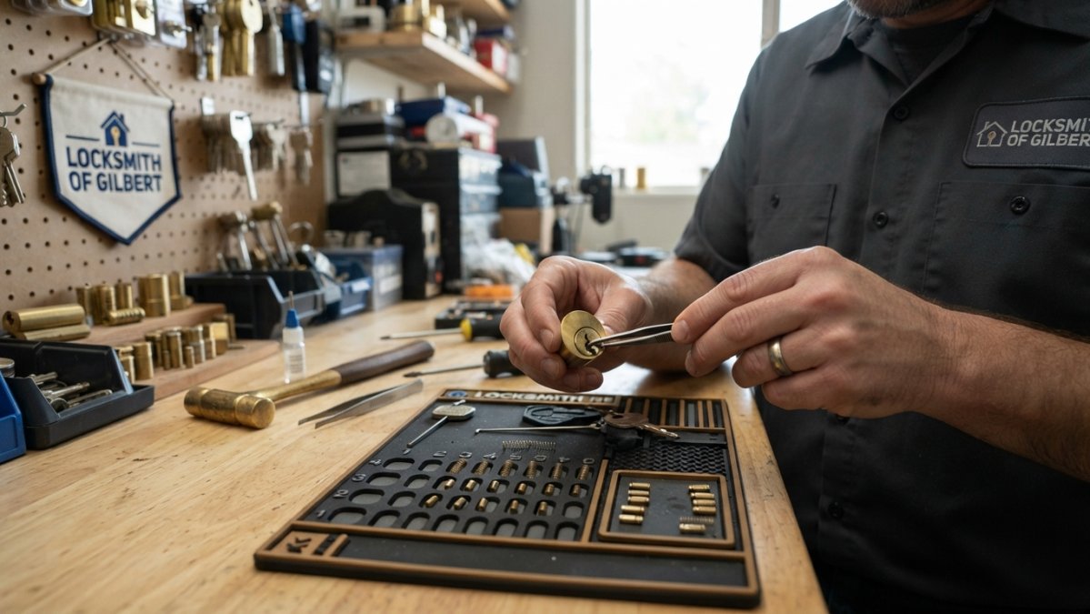 Professional locksmith's hands carefully disassembling a pin-tumbler deadbolt lock cylinder, showing the plug being removed and individual springs and pins laid out on a clean work surface with organized compartments