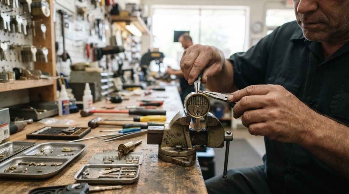Professional locksmith's hands carefully disassembling a deadbolt lock cylinder with precision tools, showing internal pin stacks and springs visible inside the lock body, in a well-lit workshop setting