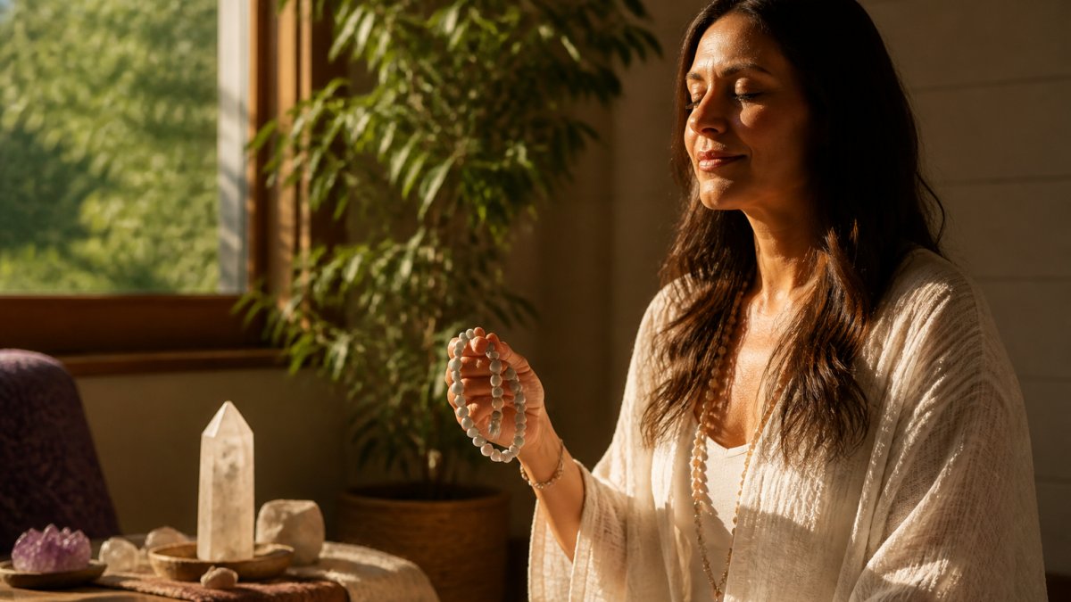 A serene person holds a crystal bracelet while sitting in a calm, sunlit room to practice mindfulness.