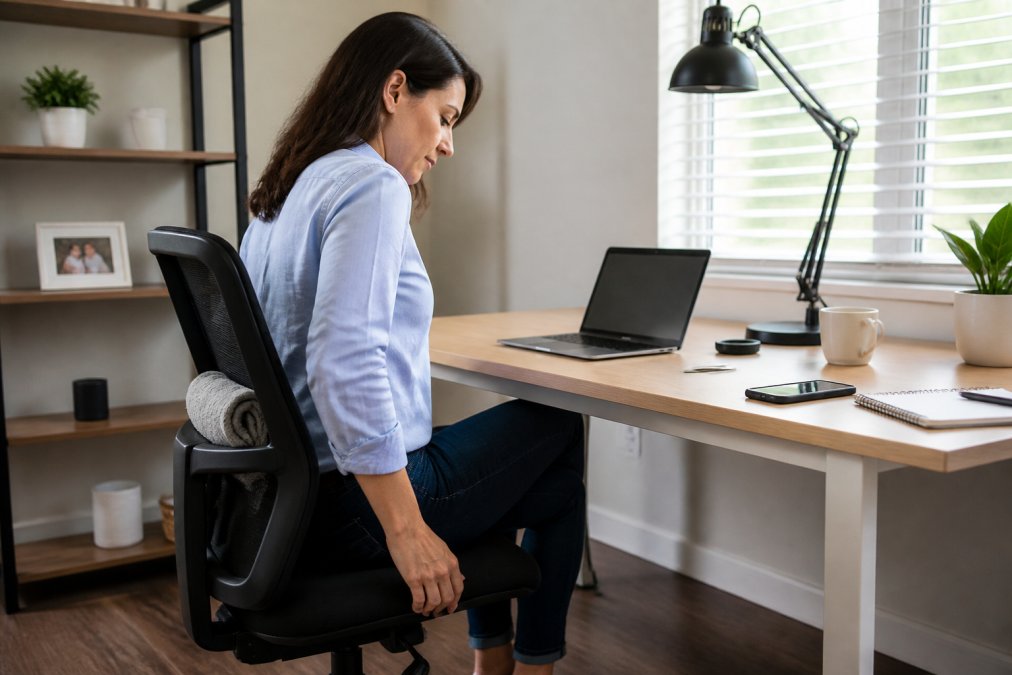 A person sitting at a home office desk with a laptop, adjusting their chair height and monitor angle, with a rolled towel behind their lower back for support