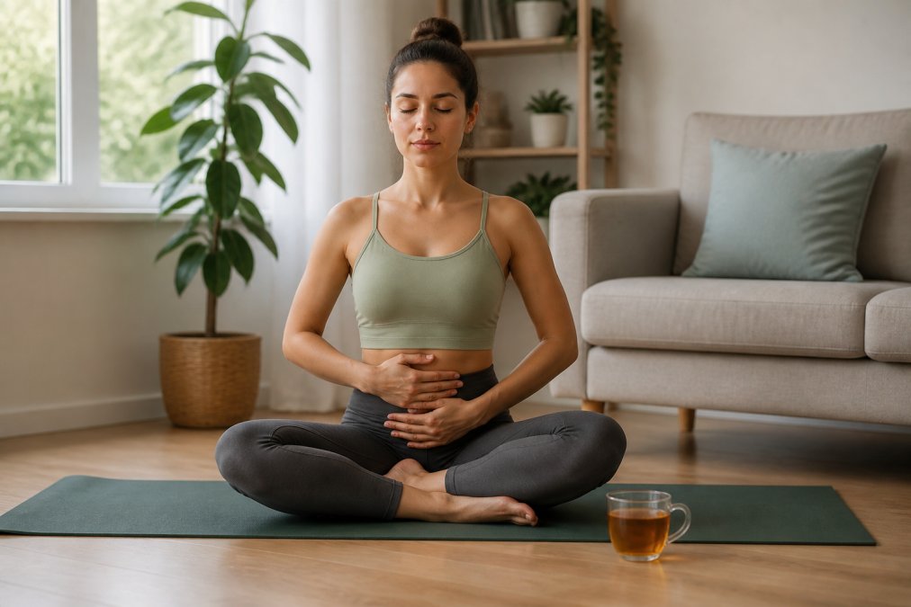 Person sitting on a yoga mat with hands on their stomach, practicing mindful relaxation to manage chronic bloating.